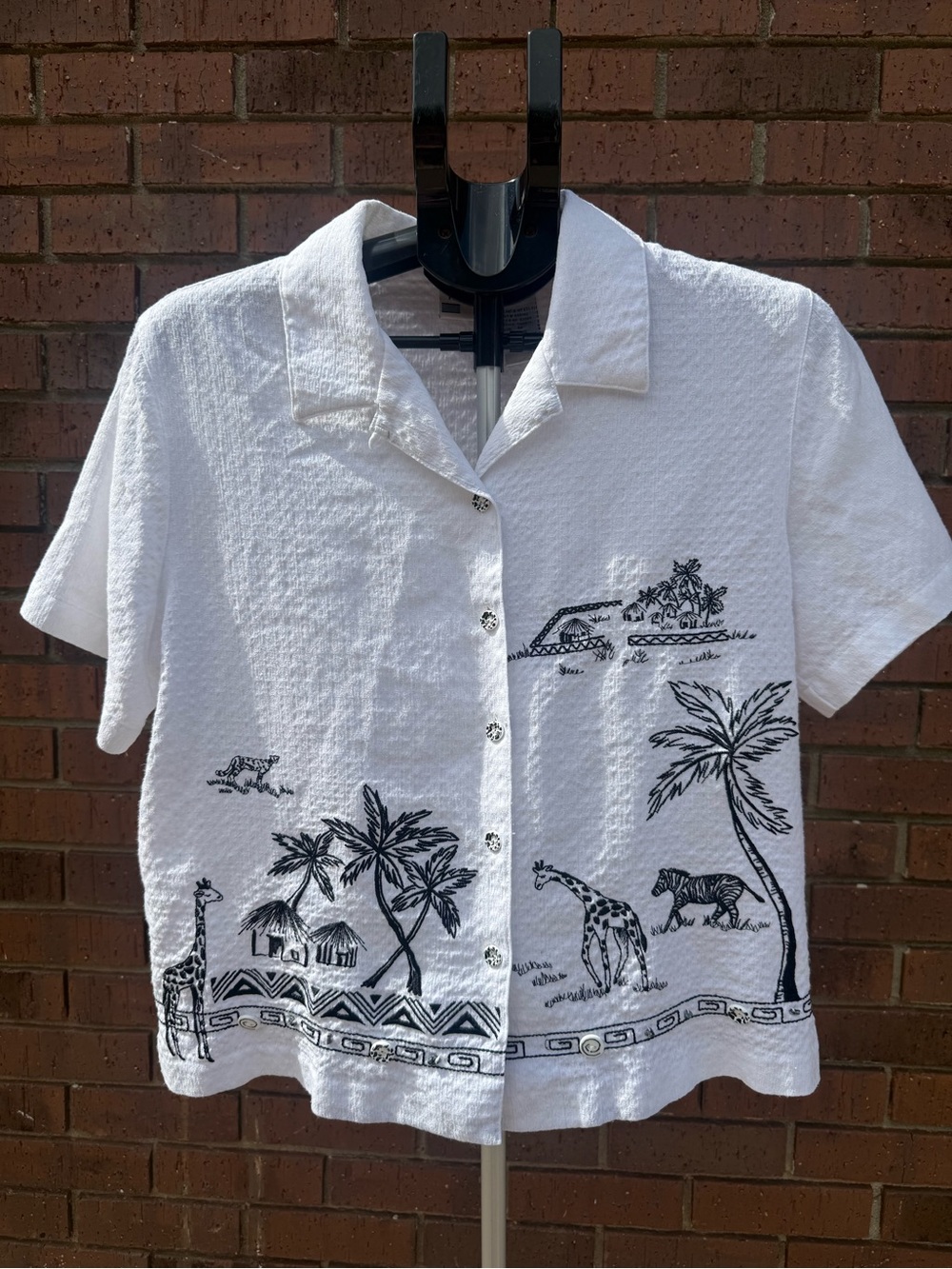 Vtg 90s Koret Safari Embroidered Button Down Shirt White Black S/S Blouse Medium